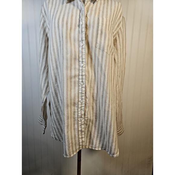 L.L Bean 100% Linen Striped Button Down Shirt Women's Size L Nautical Preppy - Picture 4 of 13